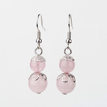 Rose Quartz Dangle Earrings, with Brass Bead Caps and Earring Hooks, Round, 41mm, Pin: 0.7mm