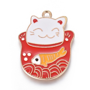 Alloy Enamel Lucky Kitten Pendants, Maneki Neko/Beckoning Cat with Fish Shape, Light Gold, Red, 32.5x25x2mm, Hole: 2mm