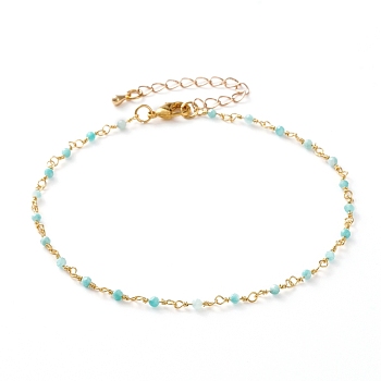 Faceted Round Natural Amazonite Beaded Anklets, with Brass Lobster Claw Clasps, Golden, 9-7/8 inch(25cm)