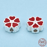925 Sterling Silver Beads, with Enamel, Flower, Dark Red, 7.5x8x3.5mm, Hole: 1.5mm(STER-T004-01S-02)