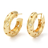 Rack Plating Brass Round with Heart Stud Earrings, Half Hoop Earrings, Cadmium Free & Lead Free, Real 18K Gold Plated, 30.5x10mm(EJEW-E290-01G)