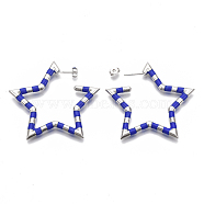 (Jewelry Parties Factory Sale)Brass Stud Earrings, with Enamel and Earring Backs, Star, Real Platinum Plated, Blue, 50~51x48.5x3.5mm, Pin: 0.7mm(EJEW-S209-18-02P)