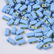 2-Hole Glass Seed Beads, Rubberized Style, Rectangle, Light Sky Blue, 4.5~5.5x2x2~2.5mm, Hole: 0.5~0.8mm(X-SEED-S023-31B-03)