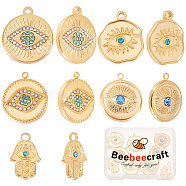 10Pcs 5 Style 304 Stainless Steel Pendants, with Rhinestone, Hamsa Hand/Hand of Miriam & Flat Round with Eye, Real 18K Gold Plated, 17.5~21x11~18x2~3mm, Hole: 1.2~2mm, 2pcs/style(STAS-BBC0001-66)