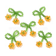 Glass Beaded Pendants, with Copper Wire, Bowknot with Flower Charms, Orange, 25~27x25~28x5~5.5mm, Hole: 5.5x7.5mm(GLAA-C028-08D)