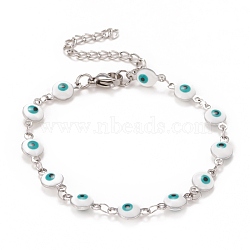 Enamel Oval with Evil Eye Link Chains Bracelet, 304 Stainless Steel Jewelry for Women, Stainless Steel Color, White, 6-1/2 inch(16.5cm)(BJEW-P271-04P-02)