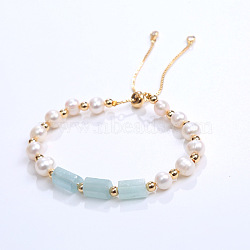 Natural Aquamarine & Plastic Imitation Pearl Bead Slider Bracelets, Adjustable Brass Bead Bracelets for Women, (AT8786-1)