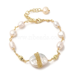 Natural Pearl Link Bracelets, with Brass Chains, Real 14K Gold Plated, 6-1/8 inch(15.5cm)(BJEW-C051-30G)