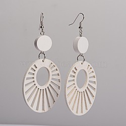Trendy Flat Round Wood Dangle Earrings, with Platinum Plated Iron Earring Hooks, White, 90.5x49mm, Pin: 0.8mm(EJEW-F0090-12D)