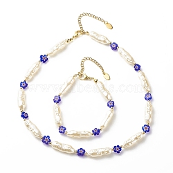 ABS Imitation Pearl & Millefiori Glass Beaded Necklace Bracelet, Jewelry Set for Women, Blue, 7-1/2 inch(19.2cm), 15.94 inch(40.5cm)(SJEW-JS01241)