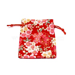 Cotton and Linen Cloth Packing Pouches, Drawstring Bag, Rectangle with Sakura Pattern, FireBrick, 10x8x0.25cm(ABAG-WH0028-05A-01)