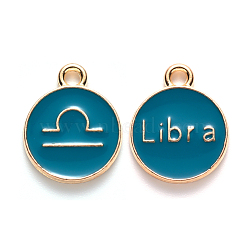 Alloy Enamel Pendants, Cadmium Free & Lead Free, Flat Round with Constellation, Light Gold, Dark Cyan, Libra, 15x12x2mm, Hole: 1.5mm(X-ENAM-S124-01B-05K)