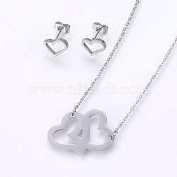 201 Stainless Steel Jewelry Sets, Stud Earrings and Pendant Necklaces, Heart, Stainless Steel Color, Necklace: 18.9 inch(48cm), Stud Earrings: 8x10x1.2mm, Pin: 0.8mm(SJEW-O090-17P)
