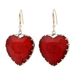 Glass Heart Dangle Earrings, Light Gold Brass Earrings, Red, 49x28mm(EJEW-Q800-19B-KCG)