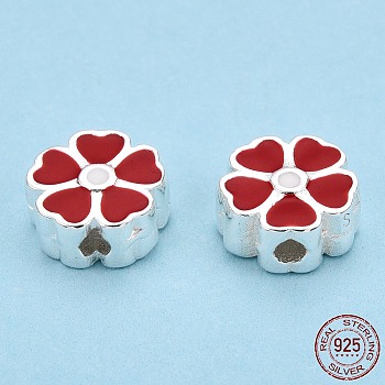 925 Sterling Silver Beads, with Enamel, Flower, Dark Red, 7.5x8x3.5mm, Hole: 1.5mm
