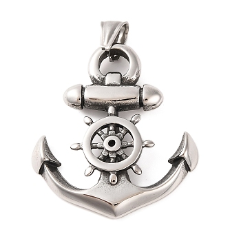 316 Surgical Stainless Steel Pendants, Anchor with Helm Charms, Antique Silver, 45.5x40x6.5mm, Hole: 9x4mm