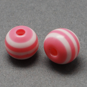 Round Striped Resin Beads, Pink, 8x7mm, Hole: 1.8~2mm
