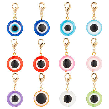 Resin Pendant Decoration, Alloy Lobster Clasps Charm, Clip-on Charm, for Keychain, Purse, Backpack Ornament, Flat Round with Evil Eye, Mixed Color, 40mm, 12pcs/set