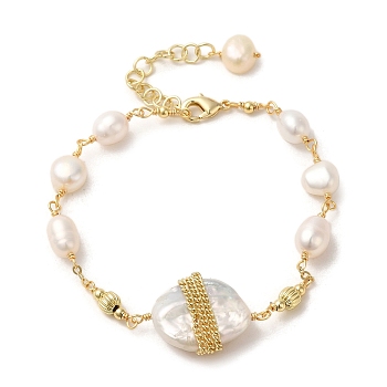 Natural Pearl Link Bracelets, with Brass Chains, Real 14K Gold Plated, 6-1/8 inch(15.5cm)
