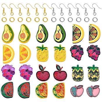 DIY Earrings Making Kits, Including 24Pcs 12 Style Translucent 3D Printed Acrylic Pendants, Fruit, 48Pcs Iron Open Jump Rings, 48Pcs Brass Earring Hooks with Beads, Ear Wire, Colorful, Pendants: 29.5~38x21.5~31.5x2.5~3mm, Hole: 1.2~2mm, 2pcs/style