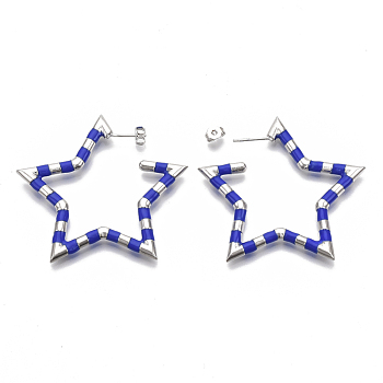 (Jewelry Parties Factory Sale)Brass Stud Earrings, with Enamel and Earring Backs, Star, Real Platinum Plated, Blue, 50~51x48.5x3.5mm, Pin: 0.7mm