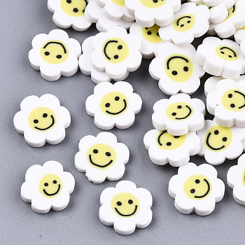 Handmade Polymer Clay Cabochons, Flower with Smile, White, 9~10x9.5~10.5x2mm, about 5750pcs/1000g