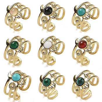 Natural & Synthetic Gemstone Finger Rings, Hamsa Hand 304 Stainless Steel Multi-layer Open Cuff Rings, Real 18K Gold Plated, 15mm, Adjustable