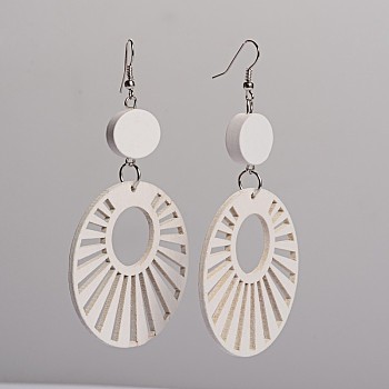 Trendy Flat Round Wood Dangle Earrings, with Platinum Plated Iron Earring Hooks, White, 90.5x49mm, Pin: 0.8mm