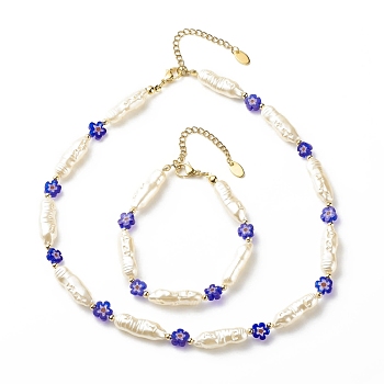 ABS Imitation Pearl & Millefiori Glass Beaded Necklace Bracelet, Jewelry Set for Women, Blue, 7-1/2 inch(19.2cm), 15.94 inch(40.5cm)