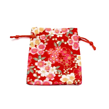 Cotton and Linen Cloth Packing Pouches, Drawstring Bag, Rectangle with Sakura Pattern, FireBrick, 10x8x0.25cm