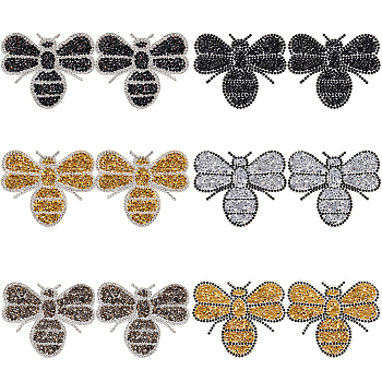 12Pcs 6 Styles Bees Hotfix Rhinestone Appliques, Resin Rhinestone, Mixed Color, 65~68x78~80x2~2.5mm, 2pcs/style