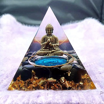 Orgonite Pyramid Resin Display Decorations, with Natural Agate Chips and Buddha Inside, for Home Office Desk, 60x60mm