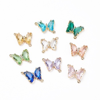 Faceted Glass Cubic Zirconia Links, with Golden Plated Brass Finding, Butterfly, Mixed Color, 21.5x26x4mm, Hole: 1.4mm