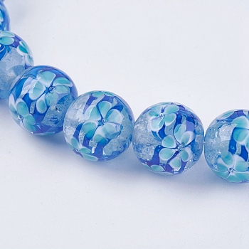 Handmade Lampwork Beads, Round with Flower, Light Blue, 14x13~14mm, Hole: 2mm