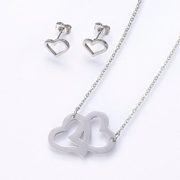 201 Stainless Steel Jewelry Sets, Stud Earrings and Pendant Necklaces, Heart, Stainless Steel Color, Necklace: 18.9 inch(48cm), Stud Earrings: 8x10x1.2mm, Pin: 0.8mm