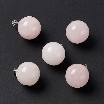 Natural Rose Quartz Pendants, with Platinum Tone Brass Findings, Round Charm, 22x18mm, Hole: 3x6mm