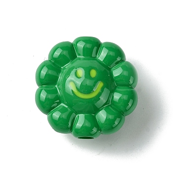 Dopamine Style Opaque Acrylic Beads, Flower with Smiling, Sea Green, 23.5x24x11.5mm, Hole: 3.5mm