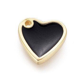 Brass Enamel Charms, Heart, Golden, Black, 10x10x2mm, Hole: 1.2mm