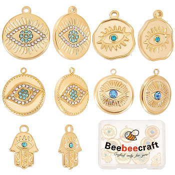 10Pcs 5 Style 304 Stainless Steel Pendants, with Rhinestone, Hamsa Hand/Hand of Miriam & Flat Round with Eye, Real 18K Gold Plated, 17.5~21x11~18x2~3mm, Hole: 1.2~2mm, 2pcs/style