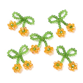 Glass Beaded Pendants, with Copper Wire, Bowknot with Flower Charms, Orange, 25~27x25~28x5~5.5mm, Hole: 5.5x7.5mm