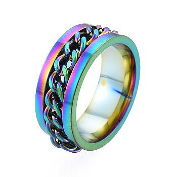 201 Stainless Steel Curb Chain Finger Ring for Women, Rainbow Color, Inner Diameter: 17mm