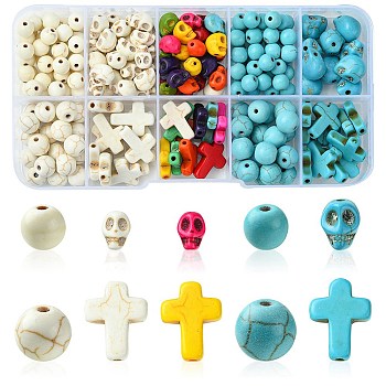 10 Styles Synthetic Turquoise Beads, Skull & Round & Cross, Mixed Shapes, Mixed Dyed and Undyed, Mixed Color, 6~16x6~12x3.5~7mm, Hole: 1mm