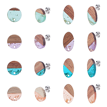 SUNNYCLUE Transparent Resin & Walnut Wood Stud Earring Findings, with Brass Ear Nuts, Flat Round & Oval, Mixed Color, Stud Earring Findings: 8pairs, Brass Ear Nuts:20pcs