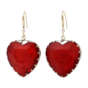Glass Heart Dangle Earrings, Light Gold Brass Earrings, Red, 49x28mm