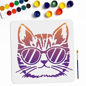 US 1Pc PET Hollow Out Drawing Painting Stencils, with 1Pc Art Paint Brushes, for DIY Scrapbook, Photo Album, Cat Shape, 300x300mm