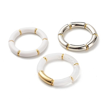 Chunky Curved Tube Beads Stretch Bracelets Set for Girl Women, Acrylic & CCB Plastic Beads Bracelet, Golden, White, Inner Diameter: 2-1/8 inch(5.5cm), 3pcs/set