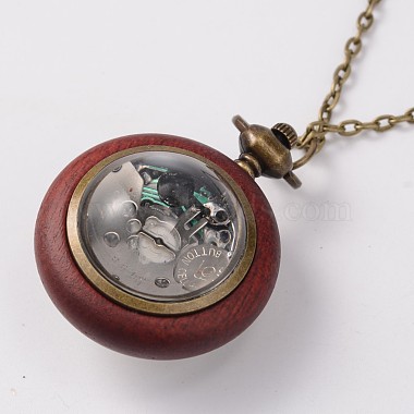 Long Brass Cable Chains Flat Round Rosewood Pocket Quartz Watches Necklaces(NJEW-A289-21E)-2