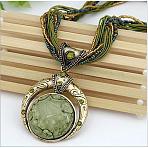 Bohemian Style Flat Round Alloy & Resin Imitation Gems Pendant Necklaces, Glass Seed Beaded Necklaces, Antique Golden, Dark Sea Green, 18.90 inch(48cm)(WG23E28-02)