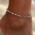 Brass Colorful Evil Eye Enamel Anklets for Women, Golden, Flat Round, 7-1/2 inch(190mm)(WG56EF4-01)