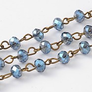 Handmade Electroplate Glass Faceted Rondelle Beads Chains for Necklaces Bracelets Making, with Antique Bronze Plated Brass Eye Pin, Unwelded, Steel Blue, 39.4 inch, about 92pcs/strand(AJEW-JB00147-02)